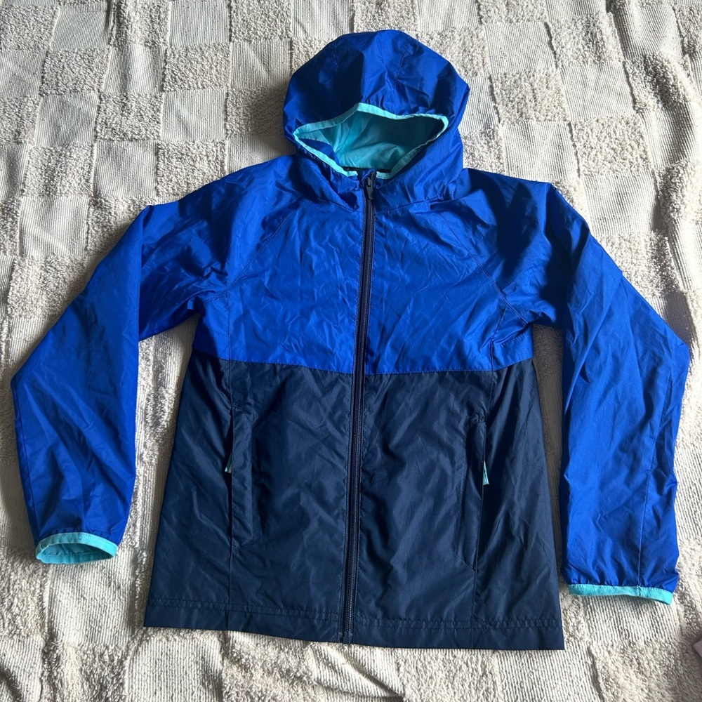 All In Motion Kids Blue Hooded Windbreaker Rain Jacket Size M 8/10
